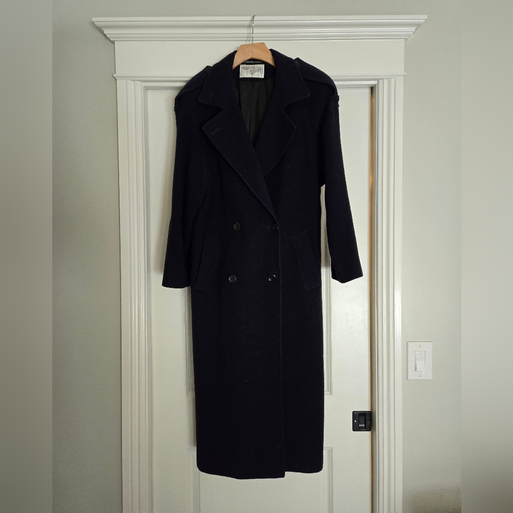 Vintage Wool Overcoat Navy Blue Military Style, Double-Breasted